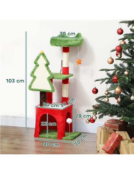 PawHut Christmas Cat Tree, 120cm Cat Tower with Scratching Post & Board, Platform, Toys, Green - pic 176795 | FastDaddyshop