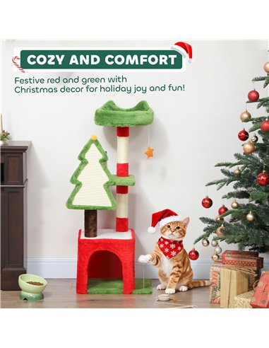 PawHut Christmas Cat Tree, 120cm Cat Tower with Scratching Post & Board, Platform, Toys, Green