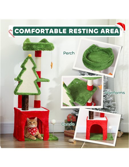PawHut Christmas Cat Tree, 120cm Cat Tower with Scratching Post & Board, Platform, Toys, Green - pic 176798 | FastDaddyshop