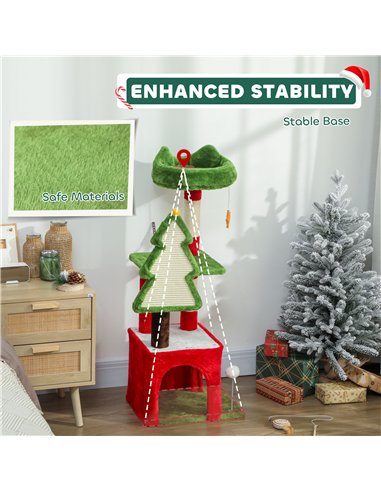 PawHut Christmas Cat Tree, 120cm Cat Tower with Scratching Post & Board, Platform, Toys, Green