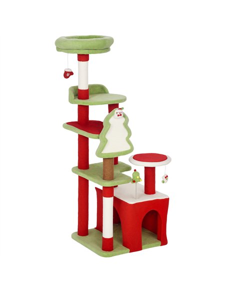 PawHut Cat Tree, 120cm Christmas Cat Tower with 3 Scratching Posts, Scratching Board, 2 Perches, Platforms, Toys, Green - pic 176802 | FastDaddyshop