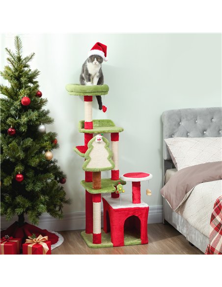 PawHut Cat Tree, 120cm Christmas Cat Tower with 3 Scratching Posts, Scratching Board, 2 Perches, Platforms, Toys, Green - pic 176803 | FastDaddyshop