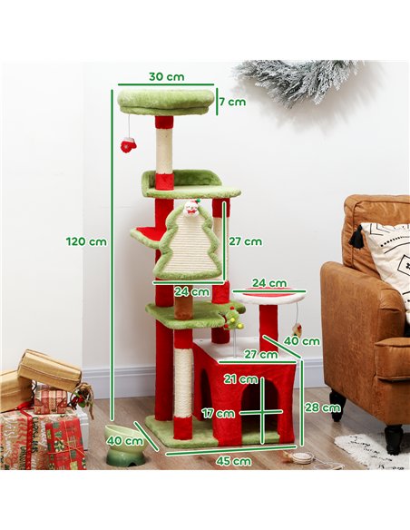 PawHut Cat Tree, 120cm Christmas Cat Tower with 3 Scratching Posts, Scratching Board, 2 Perches, Platforms, Toys, Green - pic 176804 | FastDaddyshop