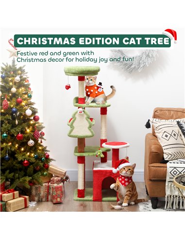PawHut Cat Tree, 120cm Christmas Cat Tower with 3 Scratching Posts, Scratching Board, 2 Perches, Platforms, Toys, Green