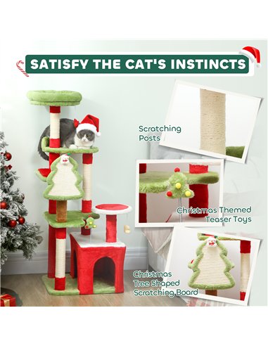 PawHut Cat Tree, 120cm Christmas Cat Tower with 3 Scratching Posts, Scratching Board, 2 Perches, Platforms, Toys, Green