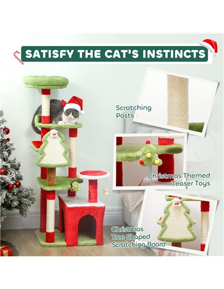 PawHut Cat Tree, 120cm Christmas Cat Tower with 3 Scratching Posts, Scratching Board, 2 Perches, Platforms, Toys, Green - pic 176806 | FastDaddyshop