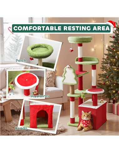 PawHut Cat Tree, 120cm Christmas Cat Tower with 3 Scratching Posts, Scratching Board, 2 Perches, Platforms, Toys, Green