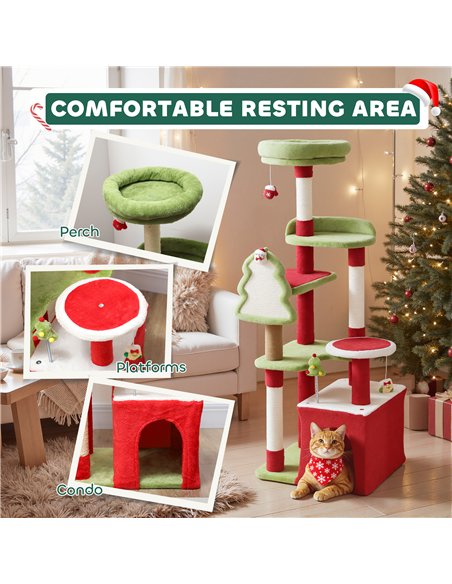 PawHut Cat Tree, 120cm Christmas Cat Tower with 3 Scratching Posts, Scratching Board, 2 Perches, Platforms, Toys, Green - pic 176807 | FastDaddyshop