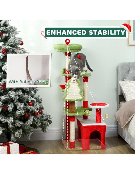 PawHut Cat Tree, 120cm Christmas Cat Tower with 3 Scratching Posts, Scratching Board, 2 Perches, Platforms, Toys, Green - pic 176808 | FastDaddyshop