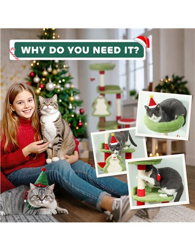 PawHut Cat Tree, 120cm Christmas Cat Tower with 3 Scratching Posts, Scratching Board, 2 Perches, Platforms, Toys, Green