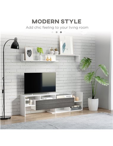 Homcom 1536mm Modern TV Cabinet with Wall Shelf, Storage Shelf, White & Grey