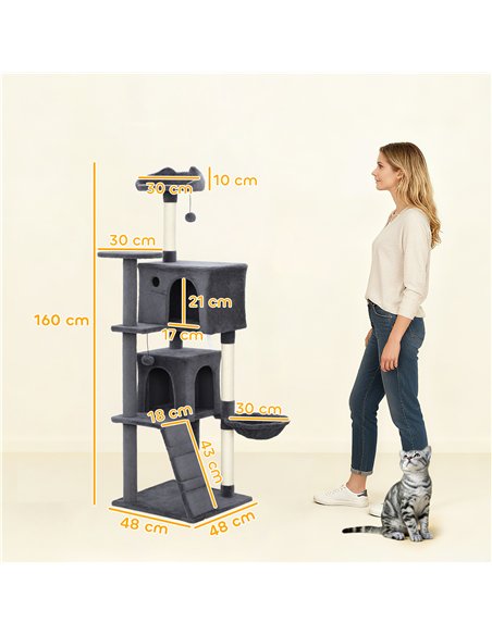 PawHut 160cm Large Cat Tree Tower with Sisal Scratching Posts, Condos, Plush Perches, Hammock, Ladder, Dark Grey - pic 176813 | FastDaddyshop