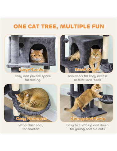 PawHut 160cm Large Cat Tree Tower with Sisal Scratching Posts, Condos, Plush Perches, Hammock, Ladder, Dark Grey