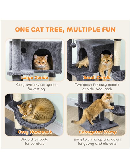 PawHut 160cm Large Cat Tree Tower with Sisal Scratching Posts, Condos, Plush Perches, Hammock, Ladder, Dark Grey - pic 176814 | FastDaddyshop