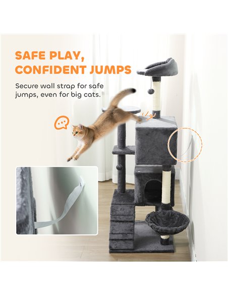 PawHut 160cm Large Cat Tree Tower with Sisal Scratching Posts, Condos, Plush Perches, Hammock, Ladder, Dark Grey - pic 176816 | FastDaddyshop
