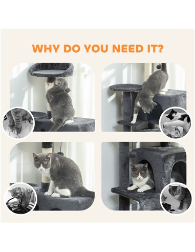 PawHut 160cm Large Cat Tree Tower with Sisal Scratching Posts, Condos, Plush Perches, Hammock, Ladder, Dark Grey