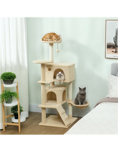 PawHut 140cm Large Cat Tree Tower with Sisal Scratching Posts, Plush Perches, Hammock, Beige
