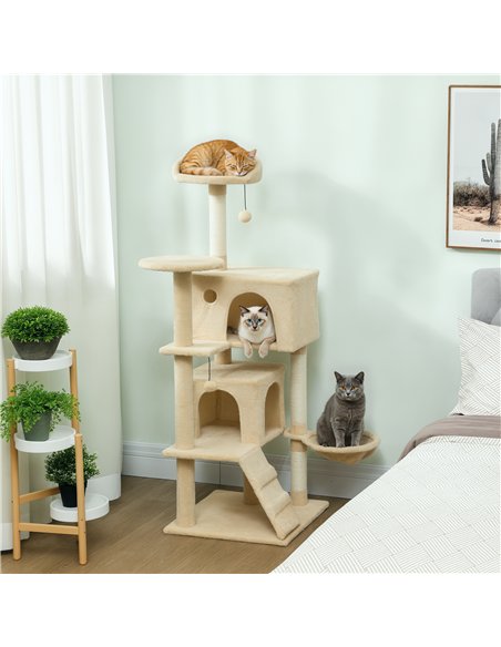 PawHut 140cm Large Cat Tree Tower with Sisal Scratching Posts, Plush Perches, Hammock, Beige - pic 176821 | FastDaddyshop
