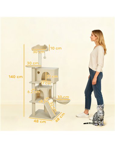 PawHut 140cm Large Cat Tree Tower with Sisal Scratching Posts, Plush Perches, Hammock, Beige