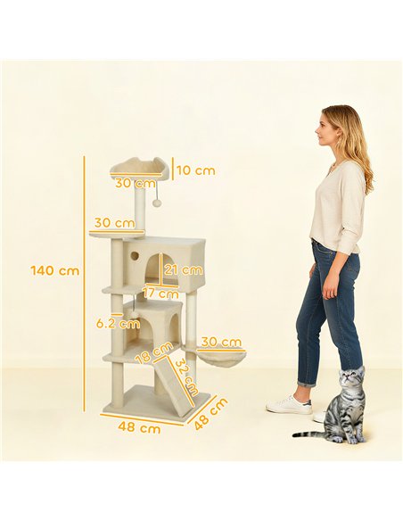 PawHut 140cm Large Cat Tree Tower with Sisal Scratching Posts, Plush Perches, Hammock, Beige - pic 176822 | FastDaddyshop
