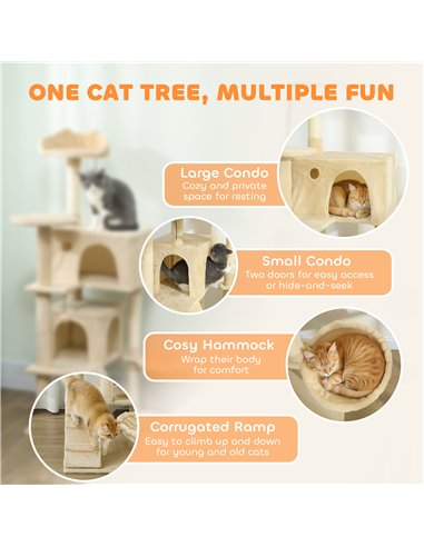 PawHut 140cm Large Cat Tree Tower with Sisal Scratching Posts, Plush Perches, Hammock, Beige