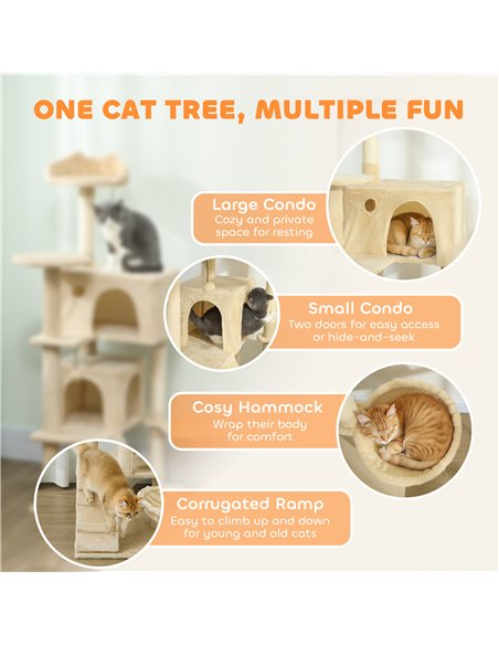 PawHut 140cm Large Cat Tree Tower with Sisal Scratching Posts, Plush Perches, Hammock, Beige - pic 176823 | FastDaddyshop