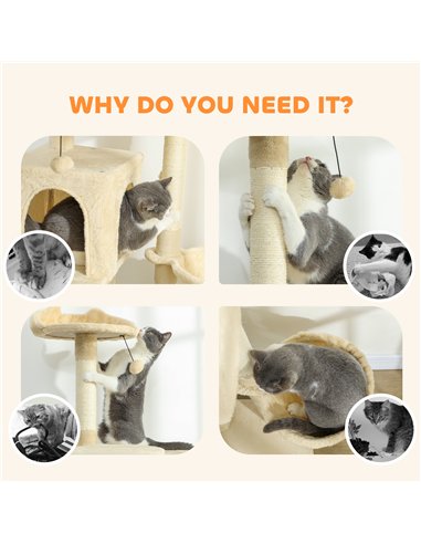 PawHut 140cm Large Cat Tree Tower with Sisal Scratching Posts, Plush Perches, Hammock, Beige