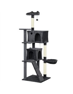 PawHut 180cm Large Cat Tree Tower with Sisal Scratching Posts, Condos, Plush Perches, Hammock, Ladder, Dark Grey