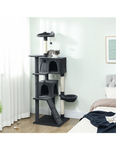 PawHut 180cm Large Cat Tree Tower with Sisal Scratching Posts, Condos, Plush Perches, Hammock, Ladder, Dark Grey - pic 176839 | FastDaddyshop