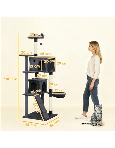 PawHut 180cm Large Cat Tree Tower with Sisal Scratching Posts, Condos, Plush Perches, Hammock, Ladder, Dark Grey