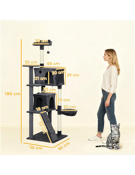 PawHut 180cm Large Cat Tree Tower with Sisal Scratching Posts, Condos, Plush Perches, Hammock, Ladder, Dark Grey - pic 176840 | FastDaddyshop