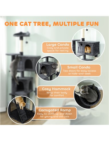 PawHut 180cm Large Cat Tree Tower with Sisal Scratching Posts, Condos, Plush Perches, Hammock, Ladder, Dark Grey