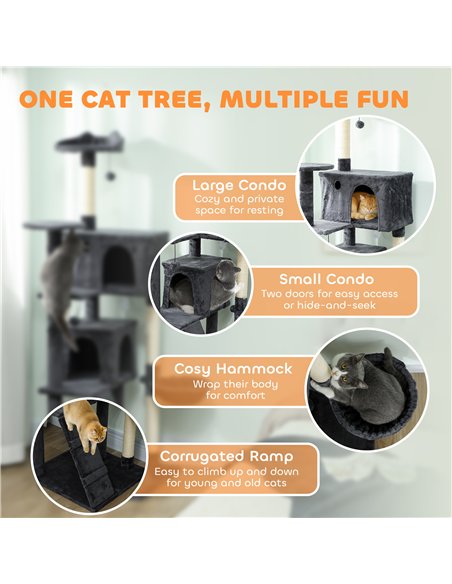 PawHut 180cm Large Cat Tree Tower with Sisal Scratching Posts, Condos, Plush Perches, Hammock, Ladder, Dark Grey - pic 176841 | FastDaddyshop