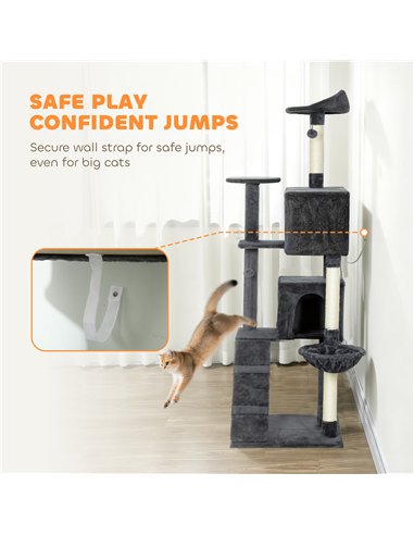 PawHut 180cm Large Cat Tree Tower with Sisal Scratching Posts, Condos, Plush Perches, Hammock, Ladder, Dark Grey