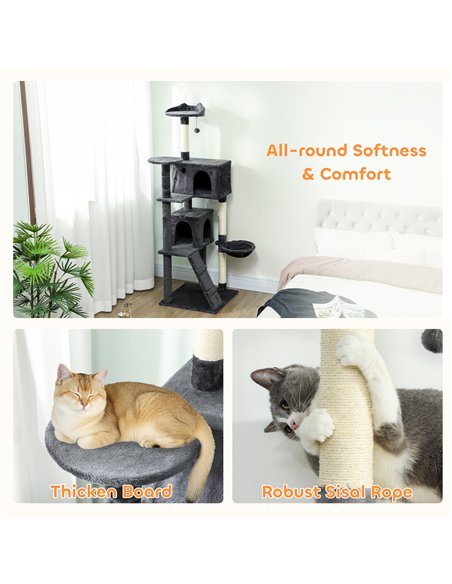 PawHut 180cm Large Cat Tree Tower with Sisal Scratching Posts, Condos, Plush Perches, Hammock, Ladder, Dark Grey - pic 176844 | FastDaddyshop