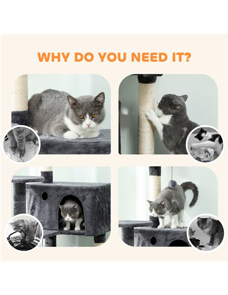 PawHut 180cm Large Cat Tree Tower with Sisal Scratching Posts, Condos, Plush Perches, Hammock, Ladder, Dark Grey - pic 176845 | FastDaddyshop