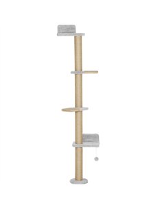 PawHut Wall Mounted Cat Shelves, Cat Climbing Wall with 4 Climbing Platforms, Jute Scratching Post and Toy Ball,180cm Tall, Ligh