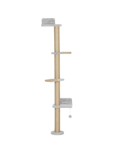 PawHut Wall Mounted Cat Shelves, Cat Climbing Wall with 4 Climbing Platforms, Jute Scratching Post and Toy Ball,180cm Tall, Ligh - pic 176847 | FastDaddyshop