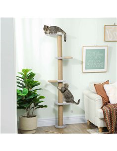 PawHut Wall Mounted Cat Shelves, Cat Climbing Wall with 4 Climbing Platforms, Jute Scratching Post and Toy Ball,180cm Tall, Ligh 2