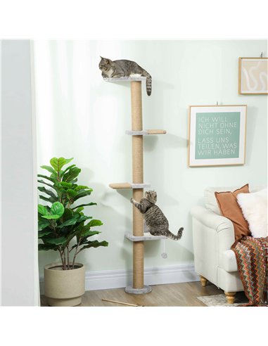 PawHut Wall Mounted Cat Shelves, Cat Climbing Wall with 4 Climbing Platforms, Jute Scratching Post and Toy Ball,180cm Tall, Ligh