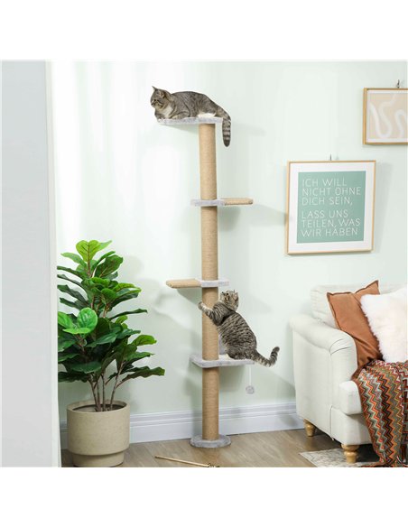 PawHut Wall Mounted Cat Shelves, Cat Climbing Wall with 4 Climbing Platforms, Jute Scratching Post and Toy Ball,180cm Tall, Ligh - pic 176848 | FastDaddyshop