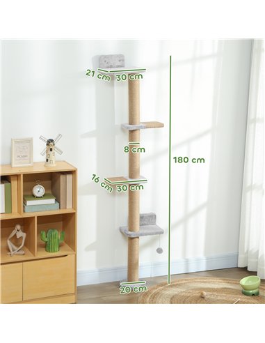 PawHut Wall Mounted Cat Shelves, Cat Climbing Wall with 4 Climbing Platforms, Jute Scratching Post and Toy Ball,180cm Tall, Ligh