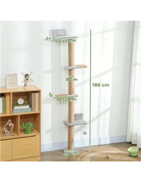 PawHut Wall Mounted Cat Shelves, Cat Climbing Wall with 4 Climbing Platforms, Jute Scratching Post and Toy Ball,180cm Tall, Ligh - pic 176849 | FastDaddyshop