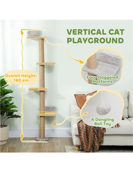 PawHut Wall Mounted Cat Shelves, Cat Climbing Wall with 4 Climbing Platforms, Jute Scratching Post and Toy Ball,180cm Tall, Ligh - pic 176850 | FastDaddyshop