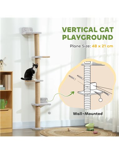 PawHut Wall Mounted Cat Shelves, Cat Climbing Wall with 4 Climbing Platforms, Jute Scratching Post and Toy Ball,180cm Tall, Ligh