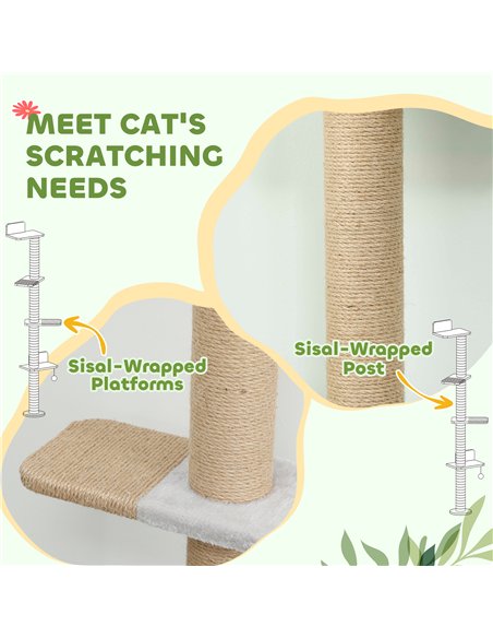 PawHut Wall Mounted Cat Shelves, Cat Climbing Wall with 4 Climbing Platforms, Jute Scratching Post and Toy Ball,180cm Tall, Ligh - pic 176852 | FastDaddyshop