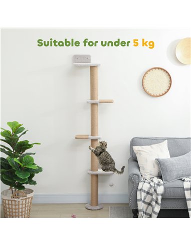 PawHut Wall Mounted Cat Shelves, Cat Climbing Wall with 4 Climbing Platforms, Jute Scratching Post and Toy Ball,180cm Tall, Ligh