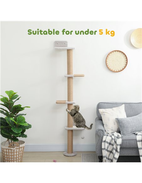 PawHut Wall Mounted Cat Shelves, Cat Climbing Wall with 4 Climbing Platforms, Jute Scratching Post and Toy Ball,180cm Tall, Ligh - pic 176853 | FastDaddyshop