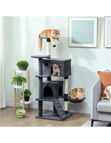 PawHut 140cm Large Cat Tree Tower with Sisal Scratching Posts, Cat Houses, Plush Perches, Hammock, Ladder, Dark Grey