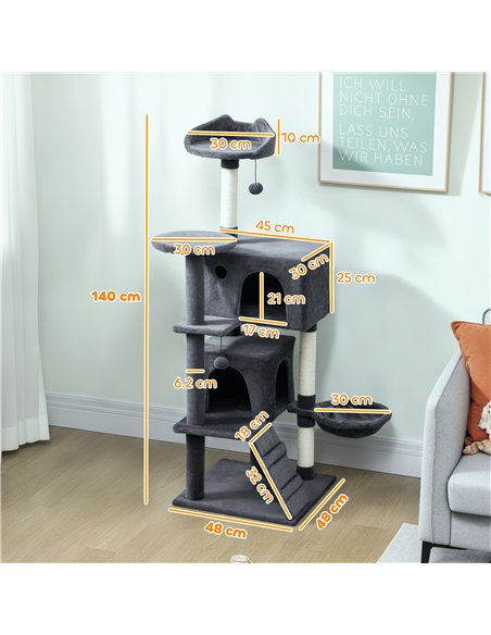 PawHut 140cm Large Cat Tree Tower with Sisal Scratching Posts, Cat Houses, Plush Perches, Hammock, Ladder, Dark Grey - pic 176858 | FastDaddyshop